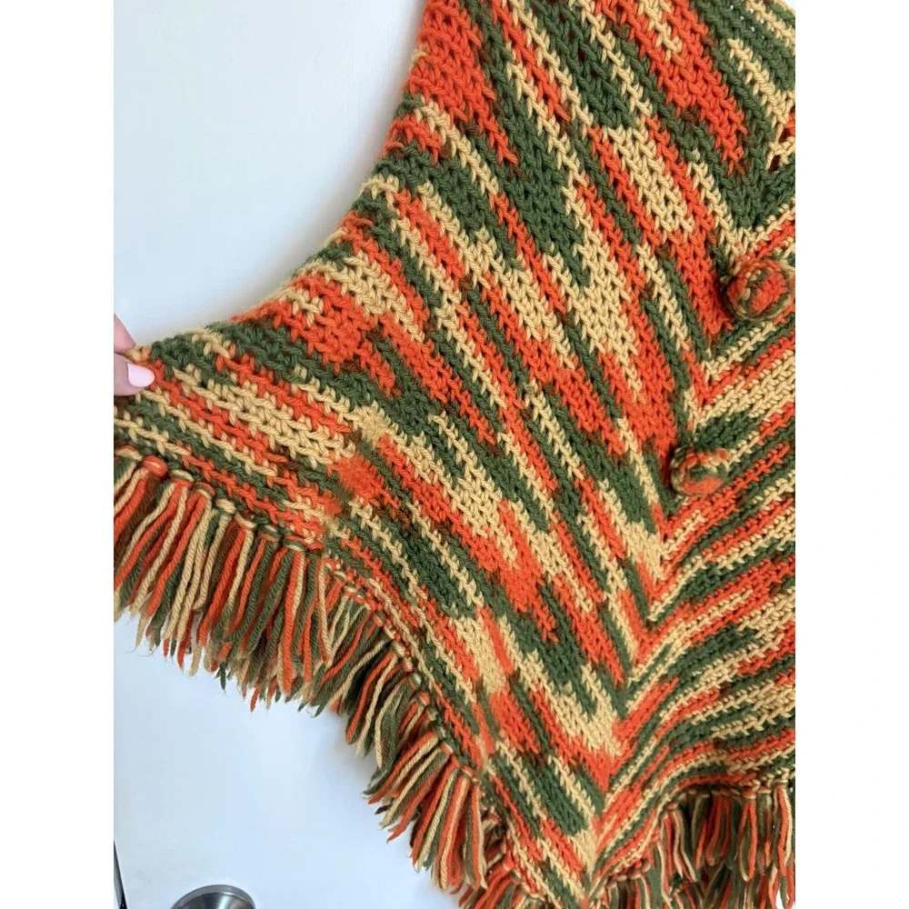 Vintage Crochet Granny Poncho Multicolor Fringe Boho Handmade Cape Wrap rainbow